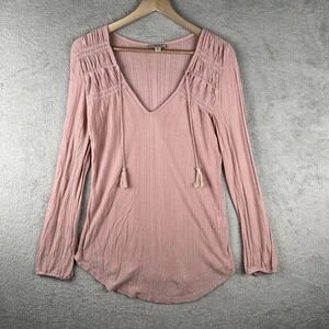 Lucky Brand Womens Top Small Tasseled V Neck Elastic Long Sleeve Pink